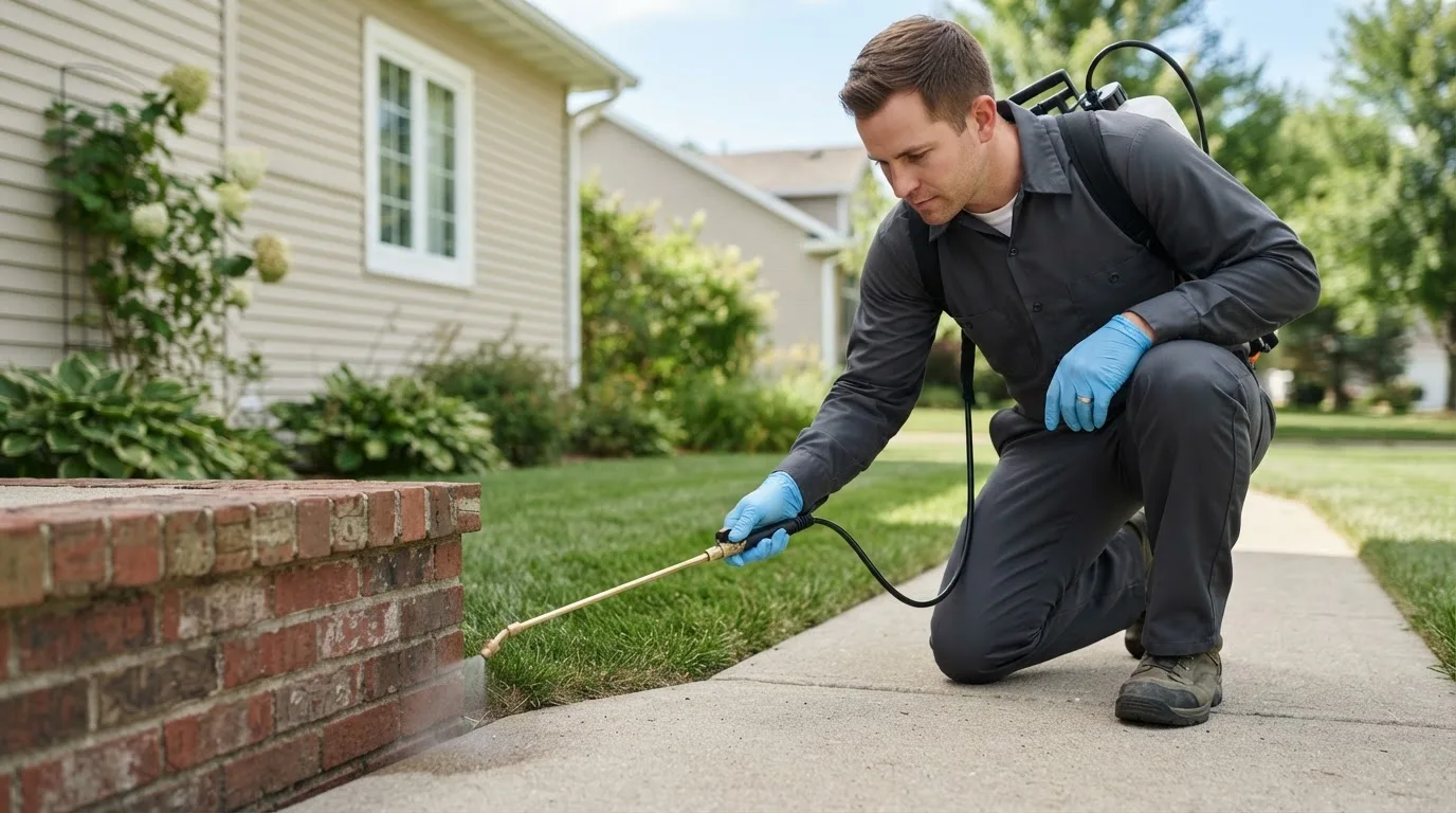 Pest control technician treating a home near Carlton, OR